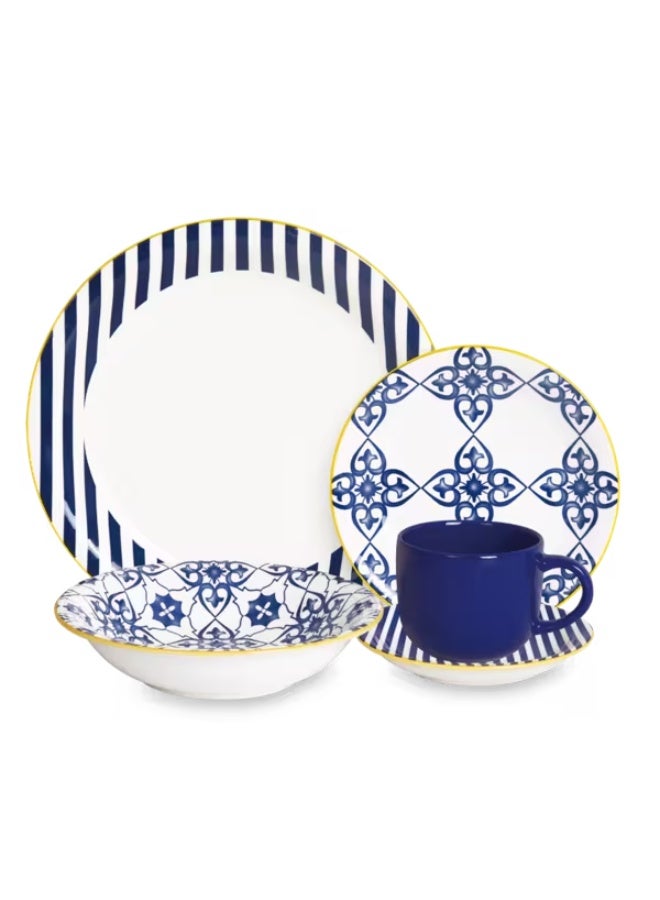 طقم عشاء أنيق من الخزف الحجري مكون من 20 قطعة باللونين الأبيض والأزرق